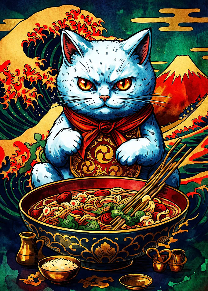 Ukiyo-e Style Cat Eating Ramen