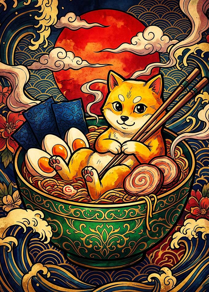 Shiba Inu Relaxing in Ramen Bowl