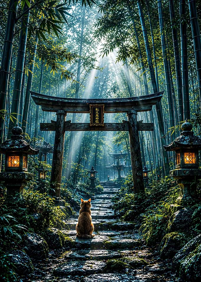 Cat Sitting in Bamboo Forest