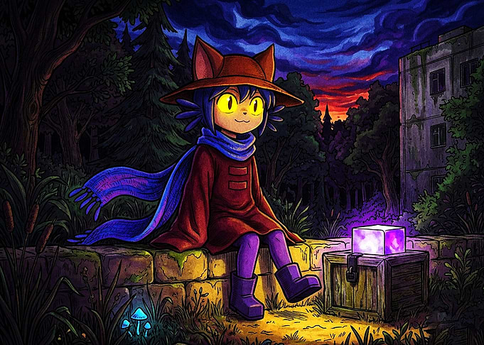 Niko from OneShot sitting at dusk