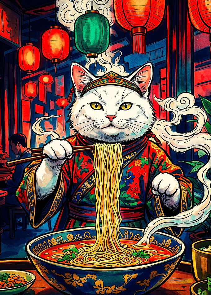Cat Eating Ramen in Traditional Attire