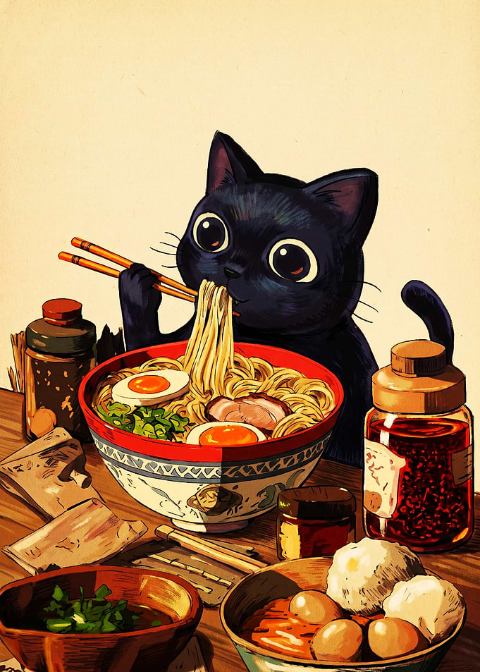 Cute Black Cat Eating Ramen