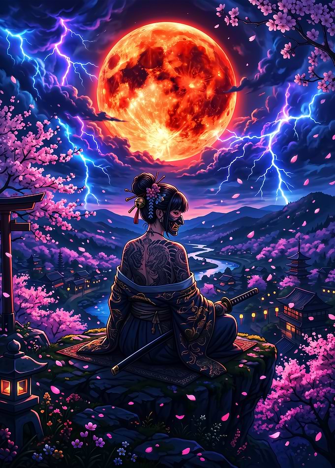 Samurai Woman Under Blood Moon