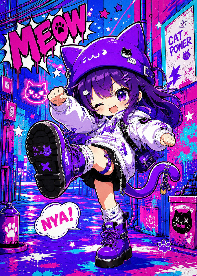 Purple Anime Cat Girl Street Style