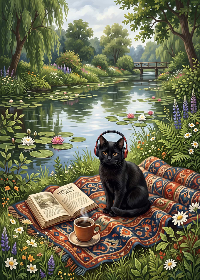 Black Cat Reading by the River