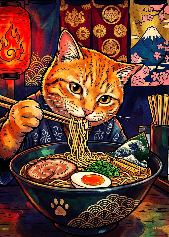 Ginger Cat Eating Ramen Illustration