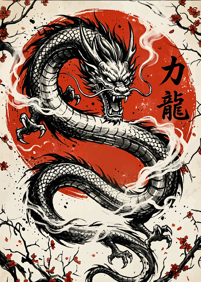 Traditional Japanese Dragon and Cherry Blossoms