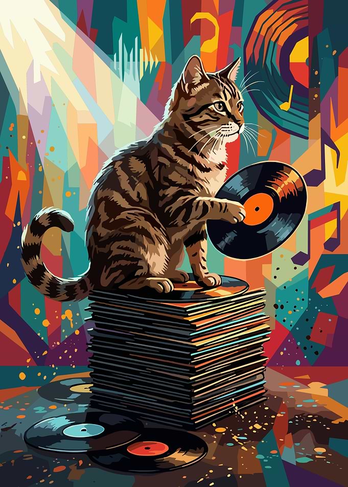 DJ Cat with Vinyl Records