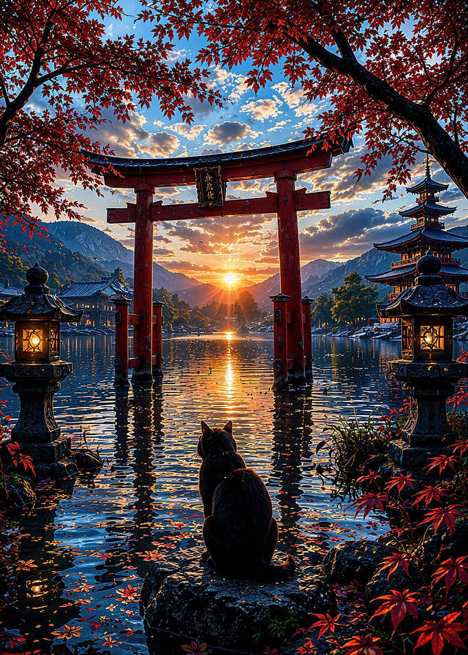 Cat Watching Sunset at Torii Gate