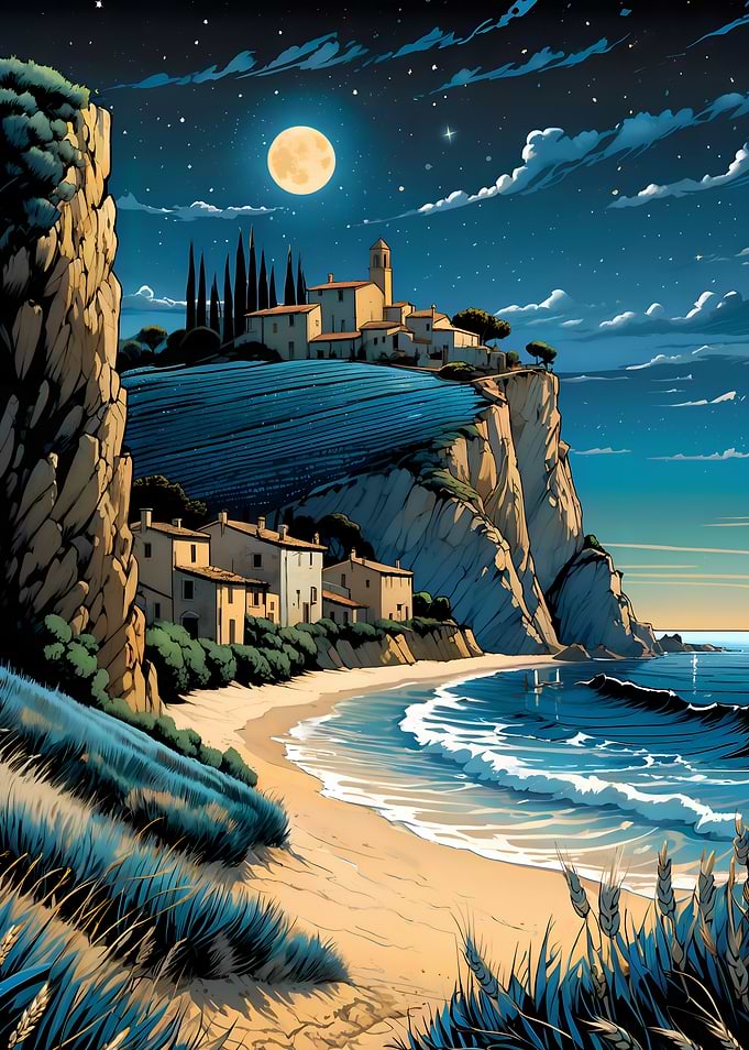 Moonlit Coastal Village Landscape