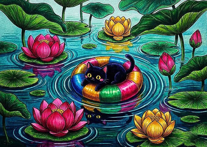 Cute Black Cat Floating on Pond