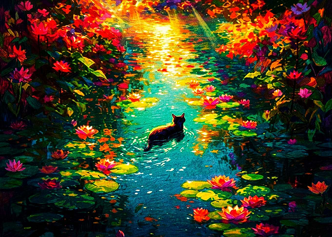 Cat Swimming in Vibrant Lotus Pond