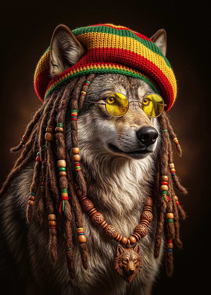 Rastafarian Wolf with Dreadlocks and Glasses