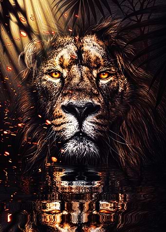 Fiery Lion Portrait with Reflection