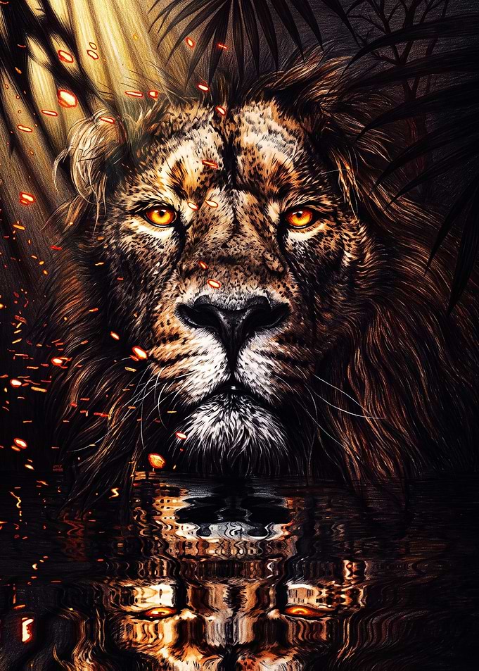 Fiery Lion Portrait with Reflection