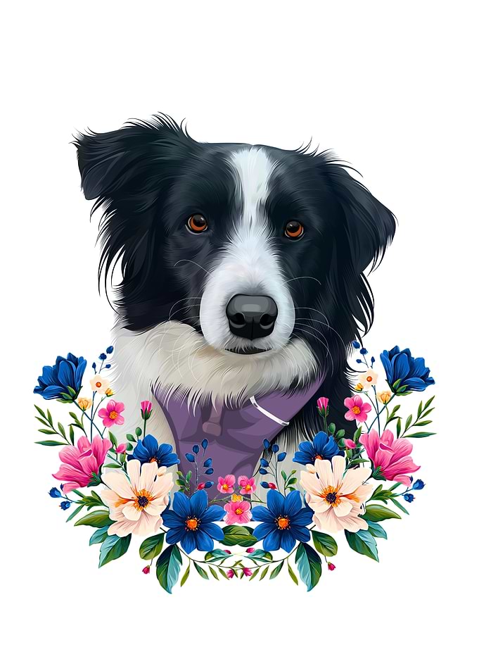 Border Collie Portrait with Floral Wreath