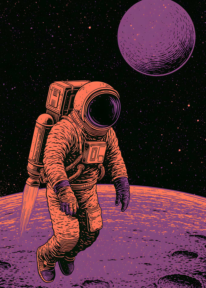 Astronaut Floating Above Purple Planet