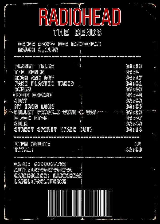 Radiohead The Bends Receipt Poster