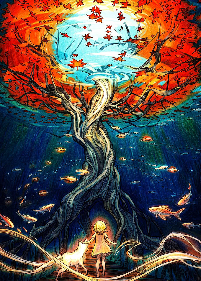 Girl and Fox Under Magical Tree