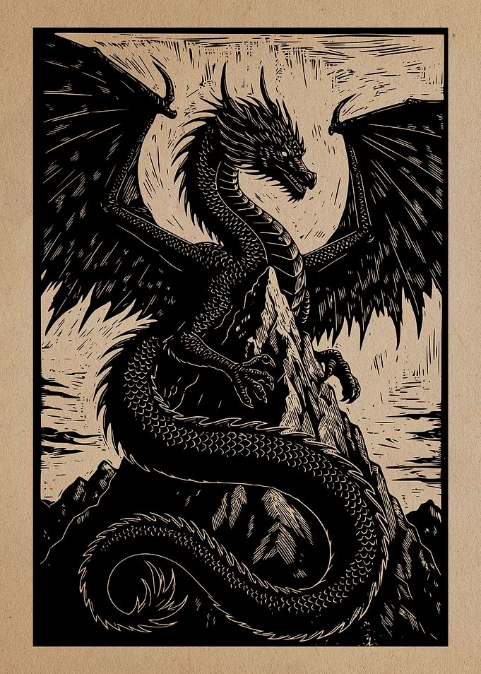 Dark Fantasy Woodcut Dragon on Mountain Peak