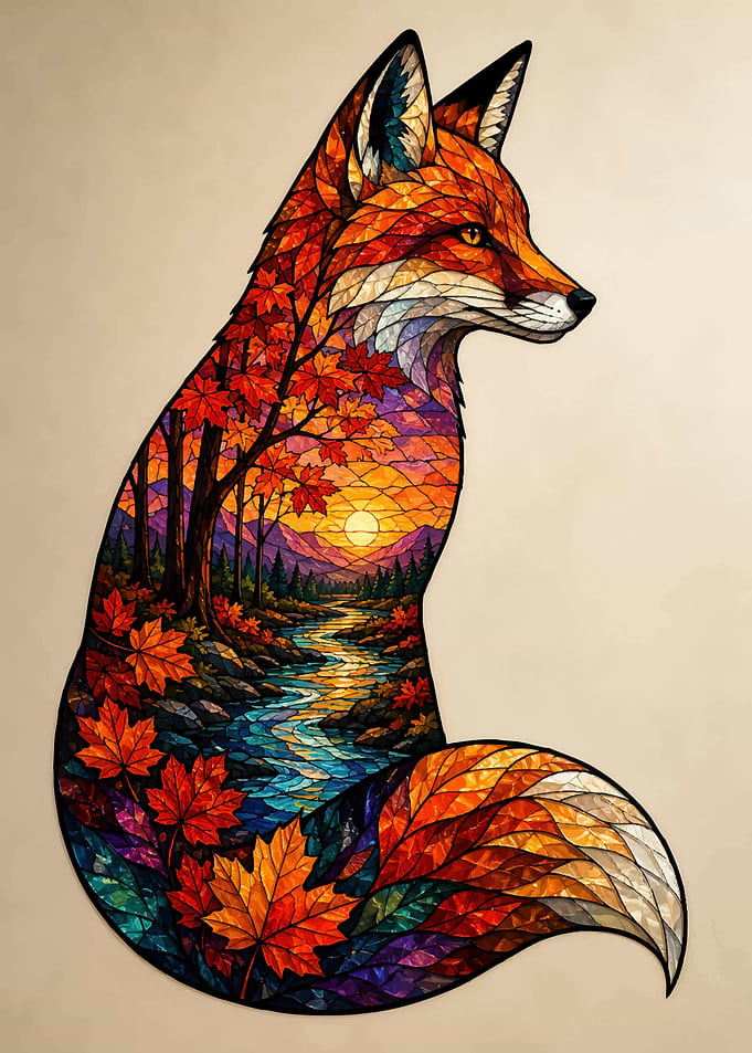 Stained Glass Fox Autumn Landscape