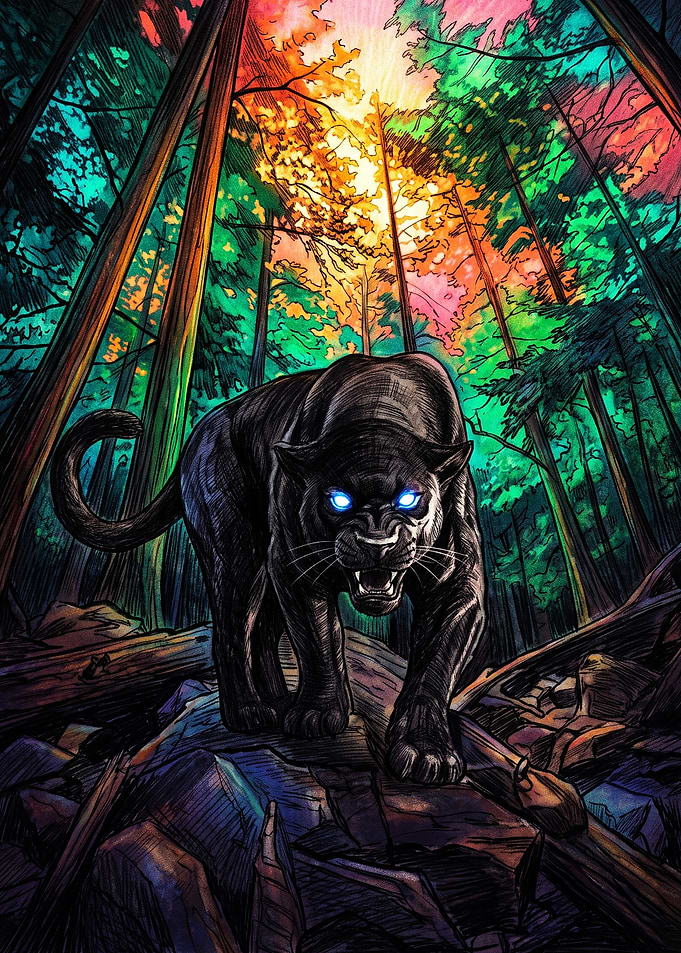Glowing Eyed Black Panther in Forest
