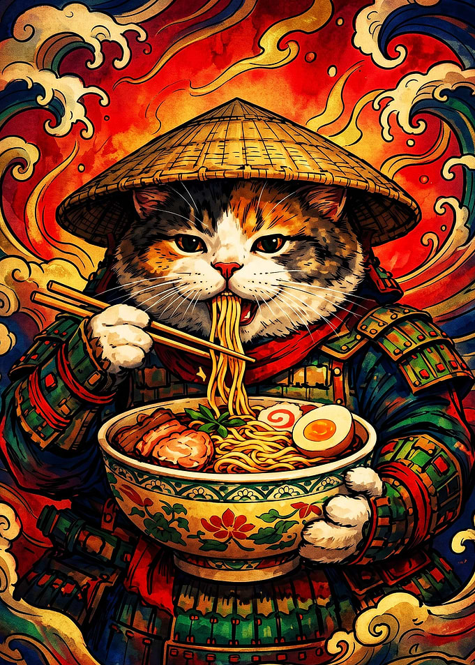 Samurai Cat Eating Ramen