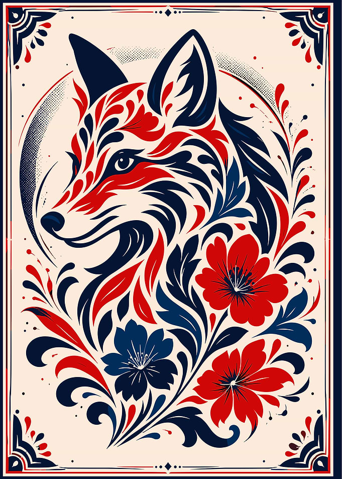 Floral Fox Folk Art Illustration