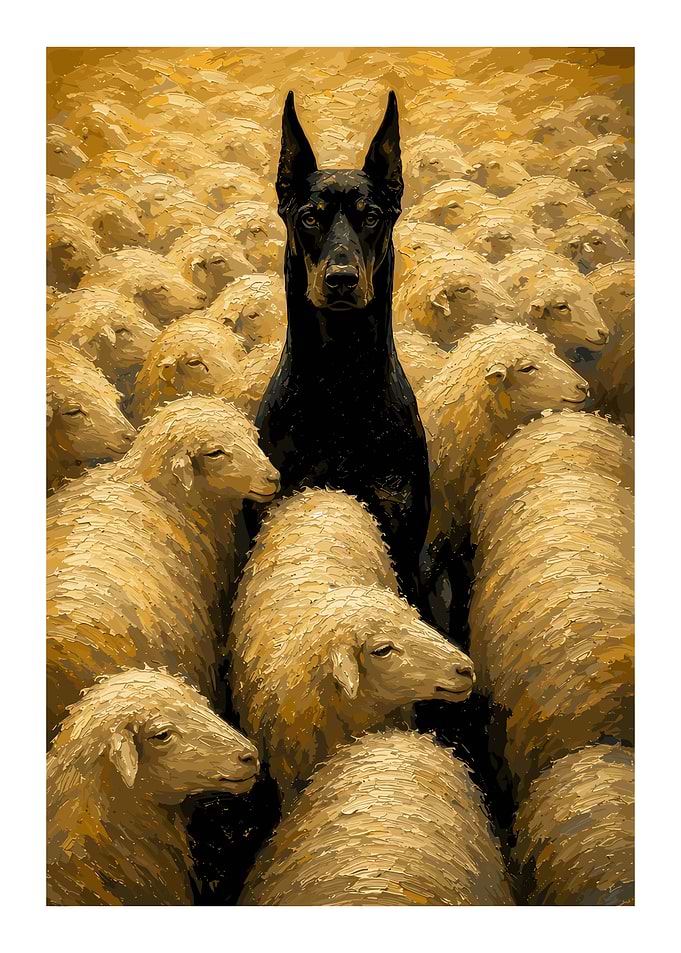 Doberman Standing Among Sheep