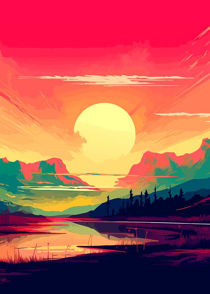 Vibrant Sunset Over Mountain Lake