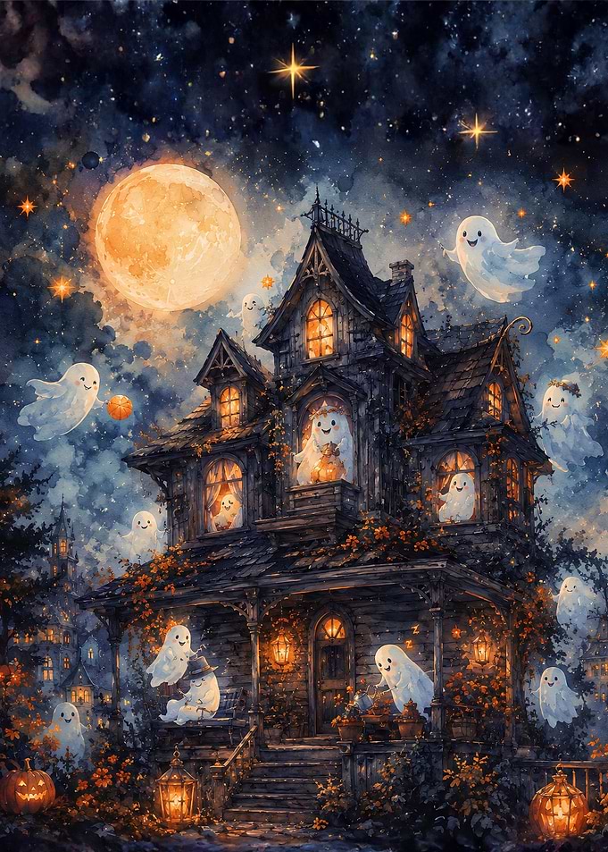 Whimsical Haunted House with Friendly Ghosts