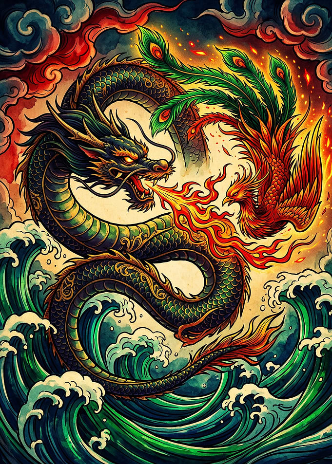 Dragon and Phoenix Mythical Battle