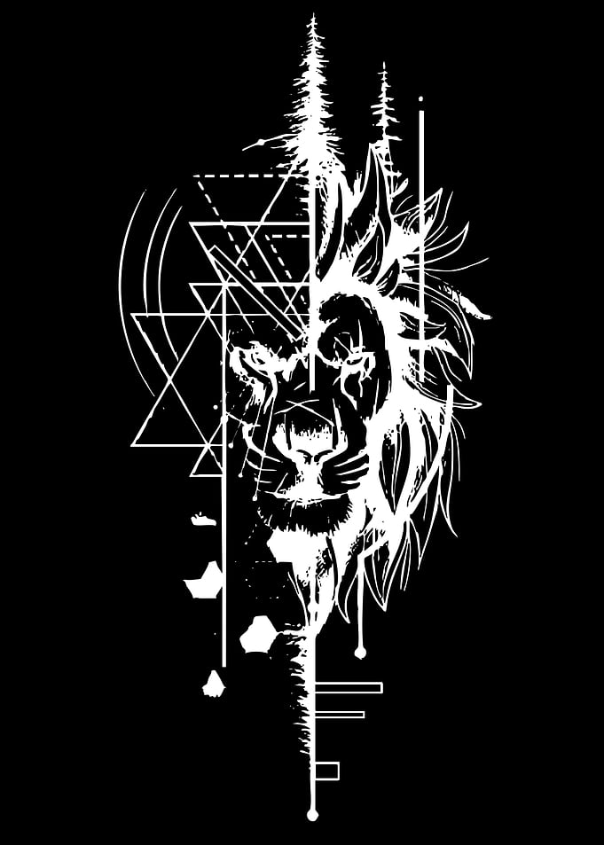 Geometric Lion and Forest Silhouette Art