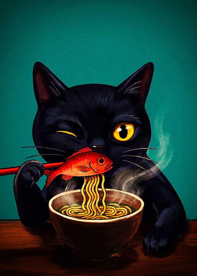 Black Cat Eating Ramen with Fish