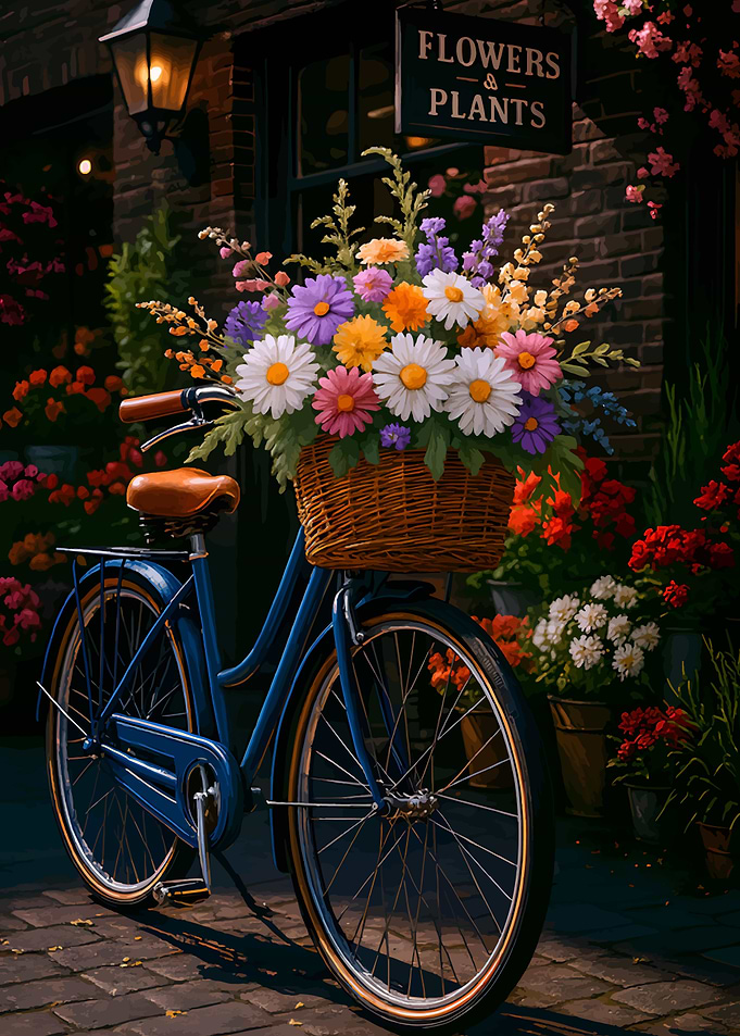 Blue Bicycle with Flower Basket