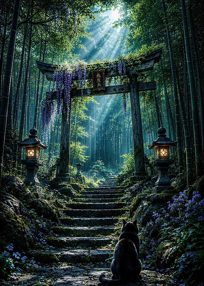 Cat at a Mystical Bamboo Gate