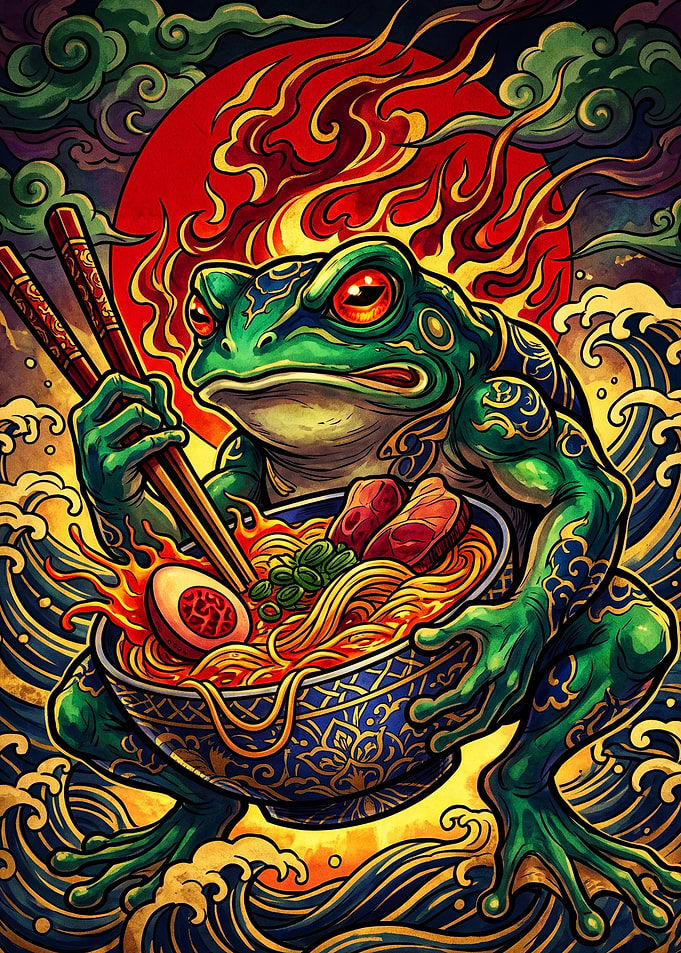 Frog Eating Spicy Ramen Illustration