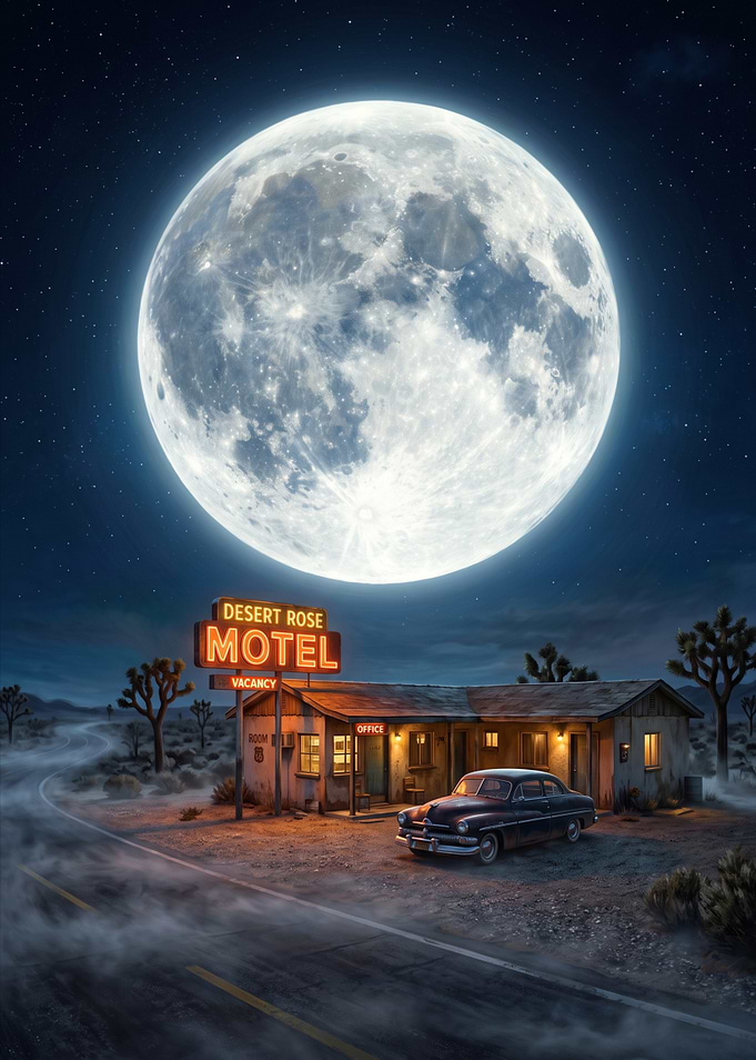 Desert Rose Motel Under Full Moon