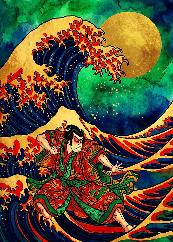 Samurai Surfing the Great Wave