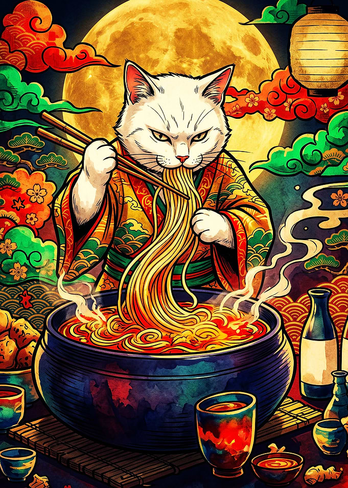 Cat Eating Ramen Under Full Moon