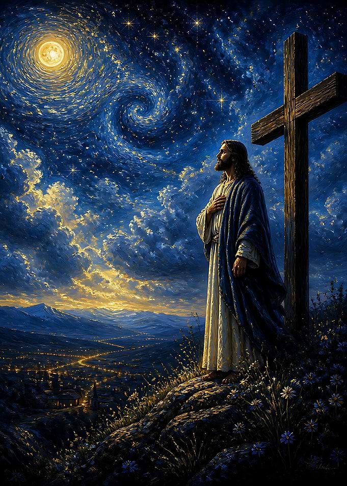 Jesus Standing by Cross Under Stars