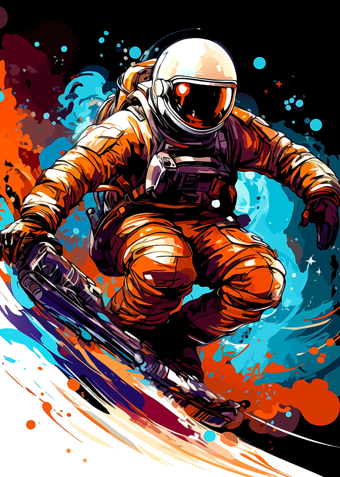 Astronaut Snowboarding in Vibrant Space