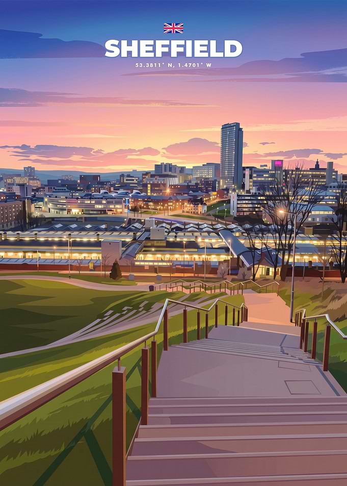 Sheffield Cityscape Sunset Travel Poster