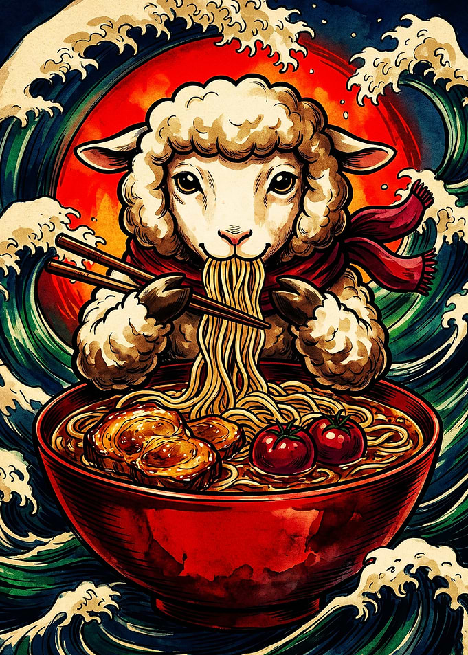 Sheep Eating Ramen Ukiyo-e Style