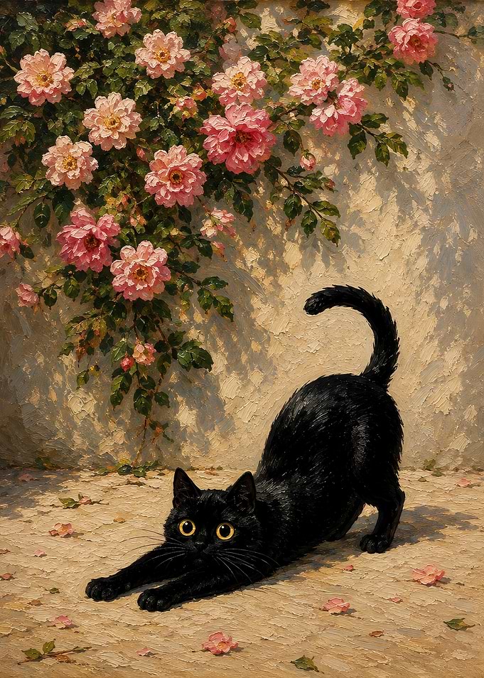 Black Cat Stretching by Rose Wall