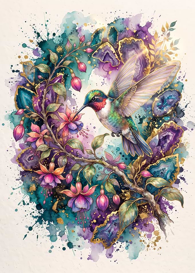 Hummingbird and Fuchsia Watercolor Art