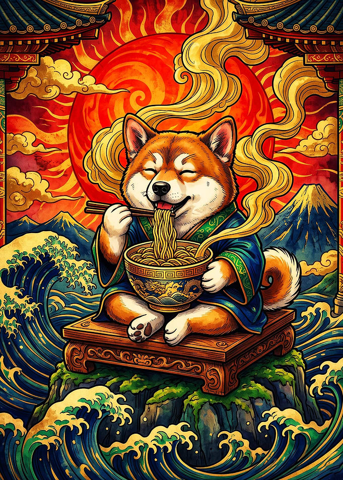 Shiba Inu Eating Ramen Illustration