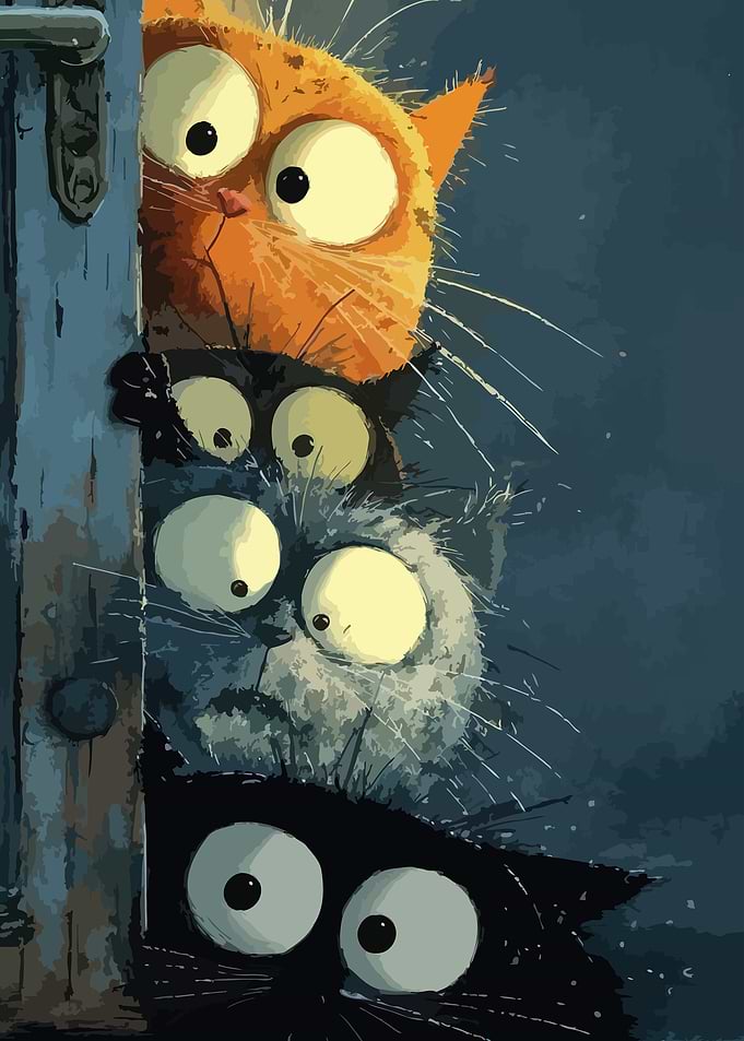 Four Curious Cats Peeking Around Door