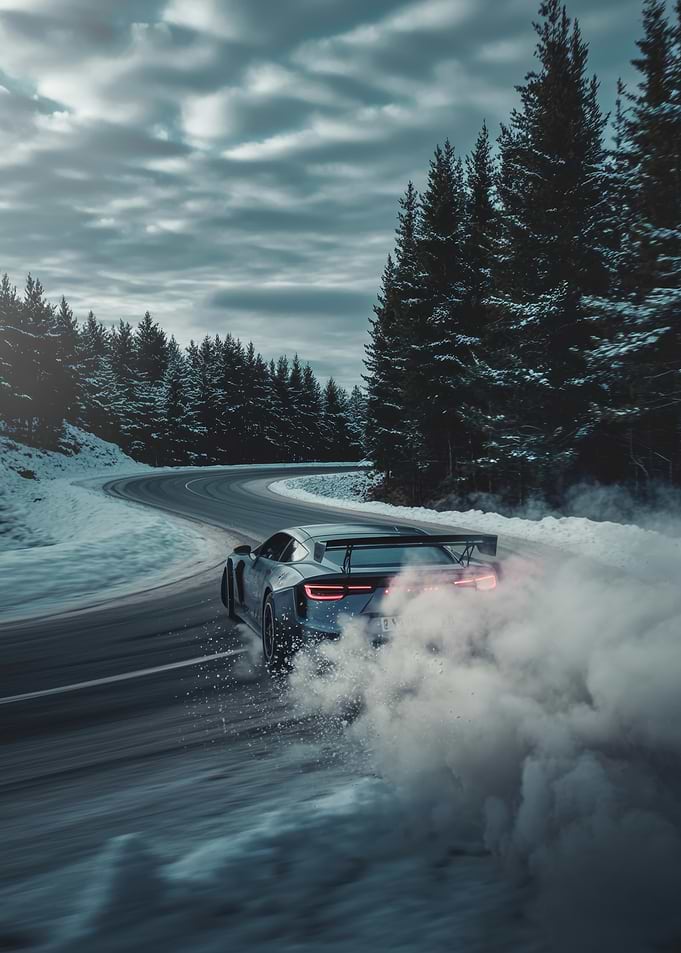 Sports Car Drifting on a Snowy Mountain Road