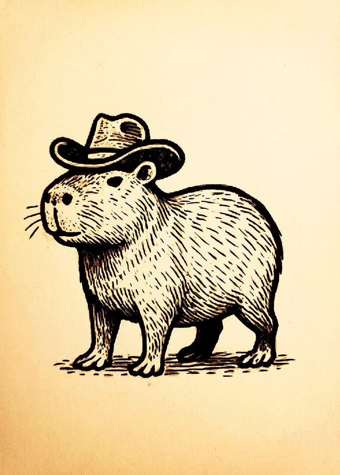Cowboy Capybara Ink Illustration